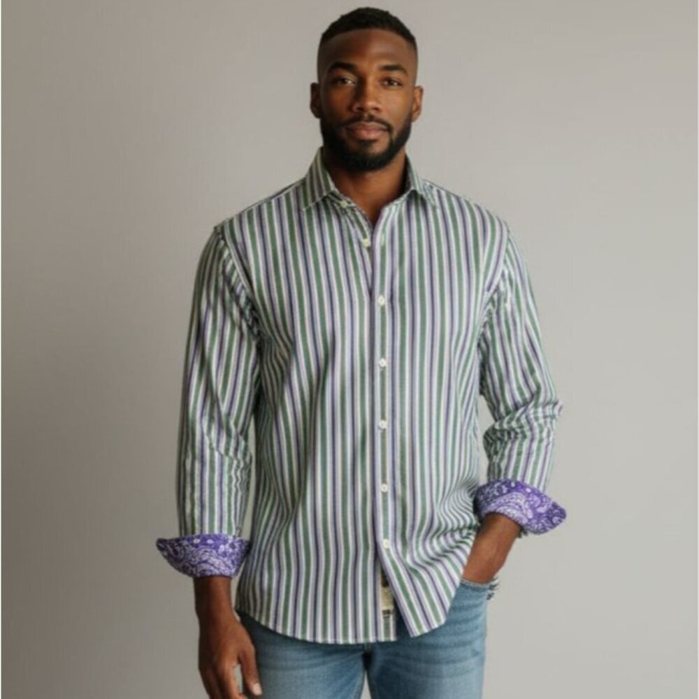 Thomas Dean Mens Striped Dress Shirt Contrast Cuff Long Sleeve New Size Large